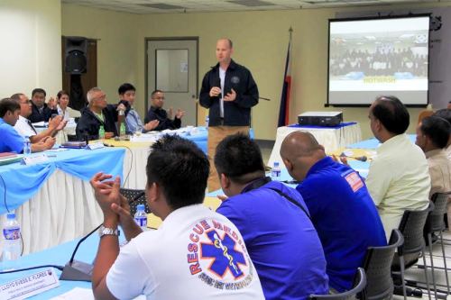 US Coast Guard Lt. Commander Justin Moyer shares his views on ports security during an exercise attended by various port users and locators, as well as SBMA security personnel and emergency responders to ensure port safety and security in the Subic Bay Freeport.