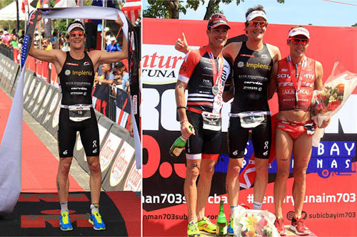 Swiss national Ruedi Wild celebrates after crossing the finish line during the CT Ironman 70.3 triathlon held in Subic Bay Freeport (left). Triathlon men's elite champ Ruedi Wild (center), shares the podium with runner-ups Alexander Craig (left) and Tim Reed after crossing the finish line during the 2017 Ironman 70.3 triathlon held in Subic Bay Freeport (right). (AMD/MPD-SBMA)