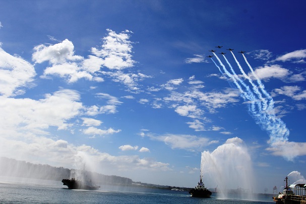 SALUTE TO SBMA: Tugboats execute a water salute while Philippine Air force planes do a pass-by overhead during the SBMA 25th Anniversary Celebration on Friday, Nov. 24, at the Subic Bay Freeport.
