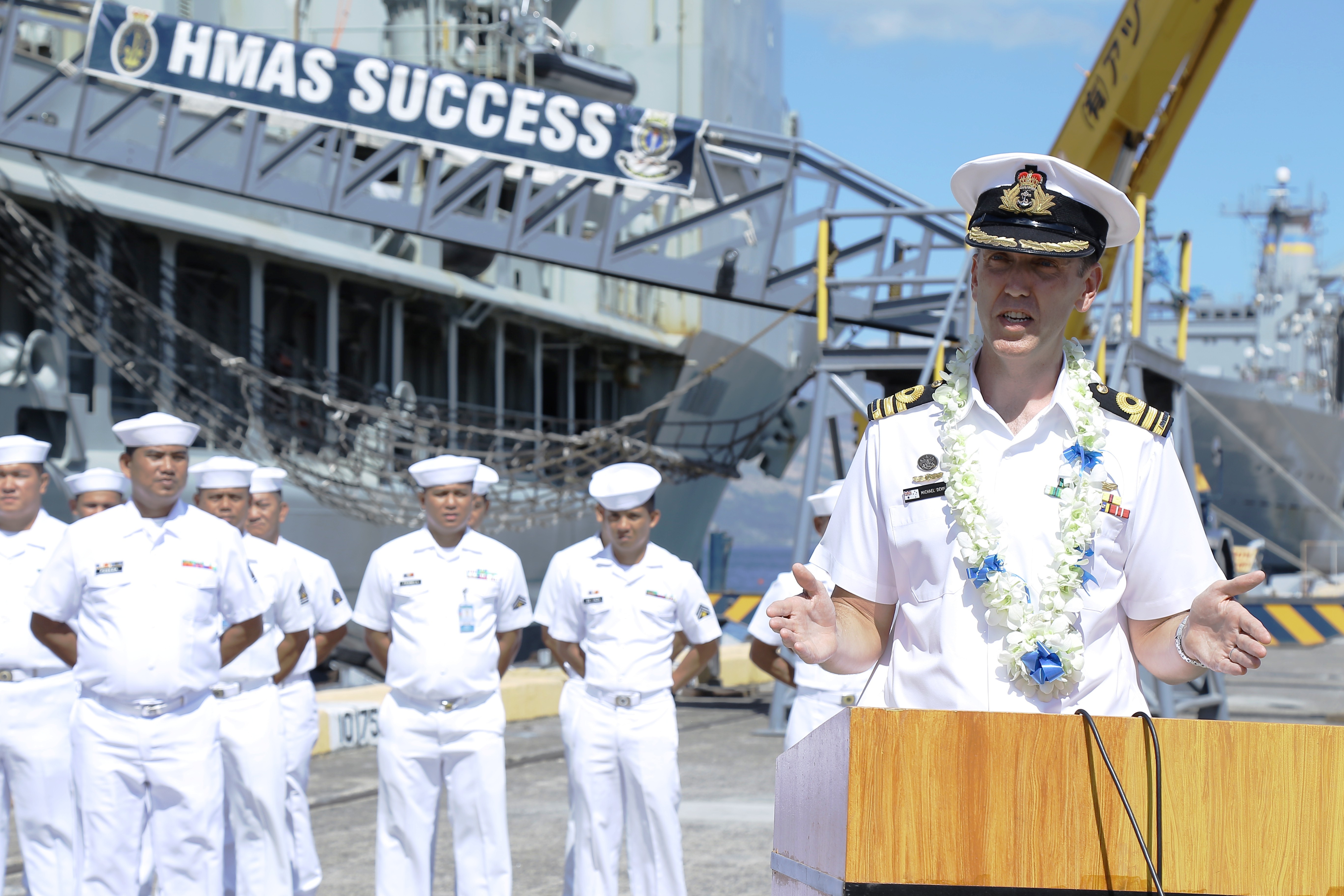Cmdr. Michael Devine, commanding officer of HMAS Anzac, gestures during a news briefing upon the arrival of two Royal Australian Navy vessels in in Subic Bay Freeport on Thursday morning (Apr. 12) for a four-day goodwill visit.