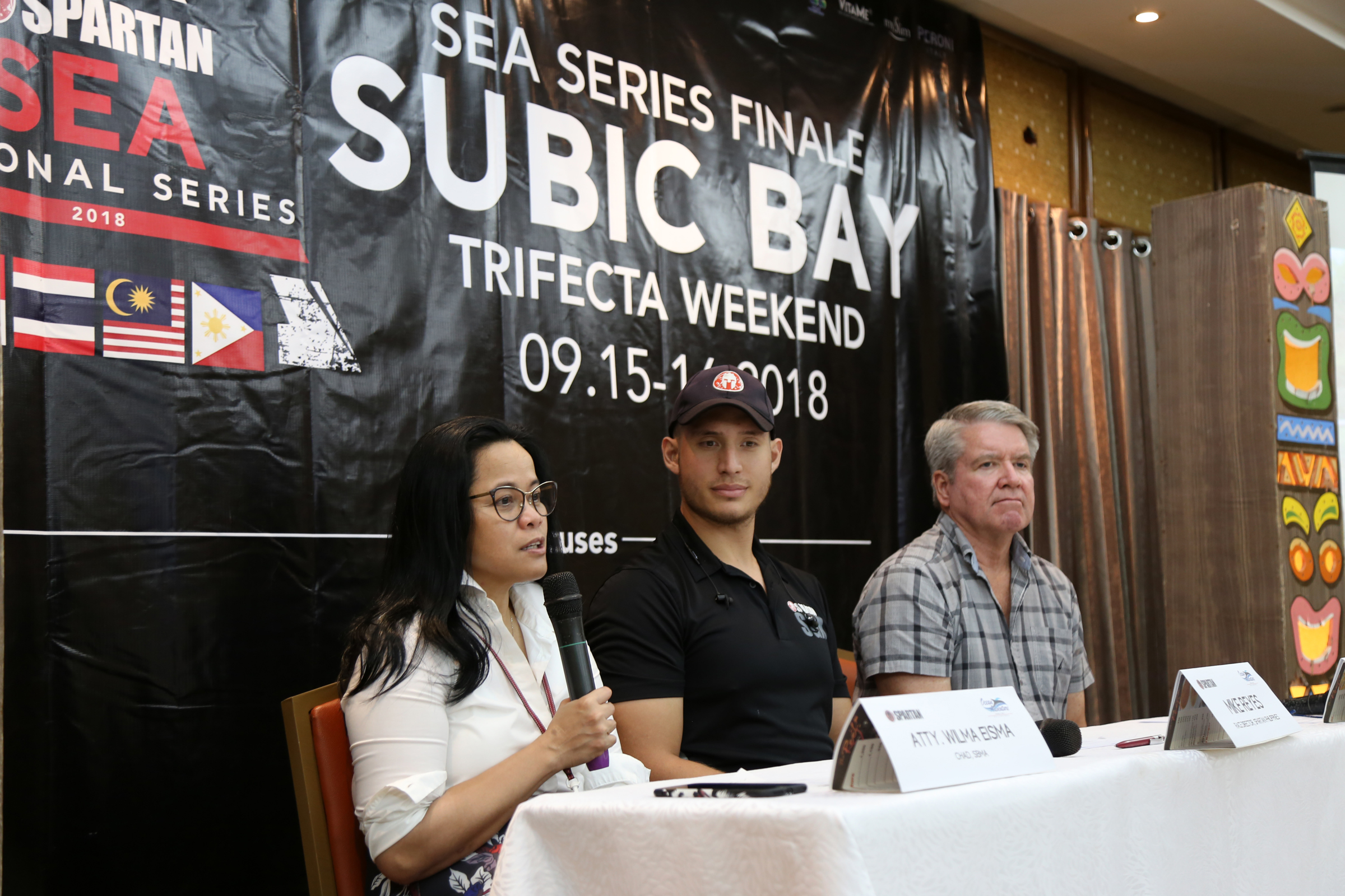 SBMA Chairman and Administrator Wilma T. Eisma welcomes the holding of the Spartan Trifecta Race in the Subic Bay Freeport following the announcement of the event by Race Director Michael Reyes (middle) and SBMEI founder Scott Sharpe.