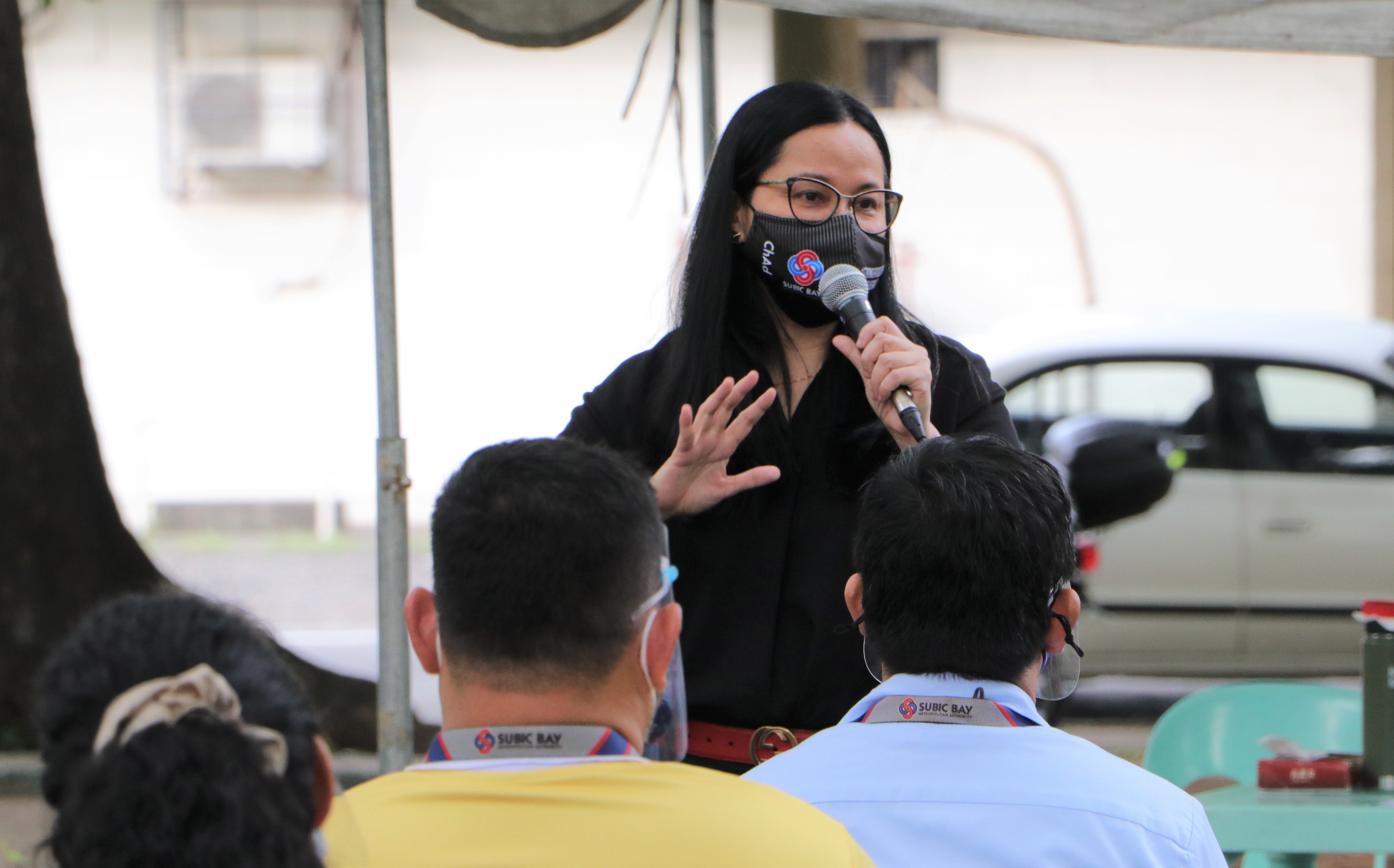 SBMA Chairman and Administrator Wilma T. Eisma discusses health safety protocols in the workplace with SBMA employees