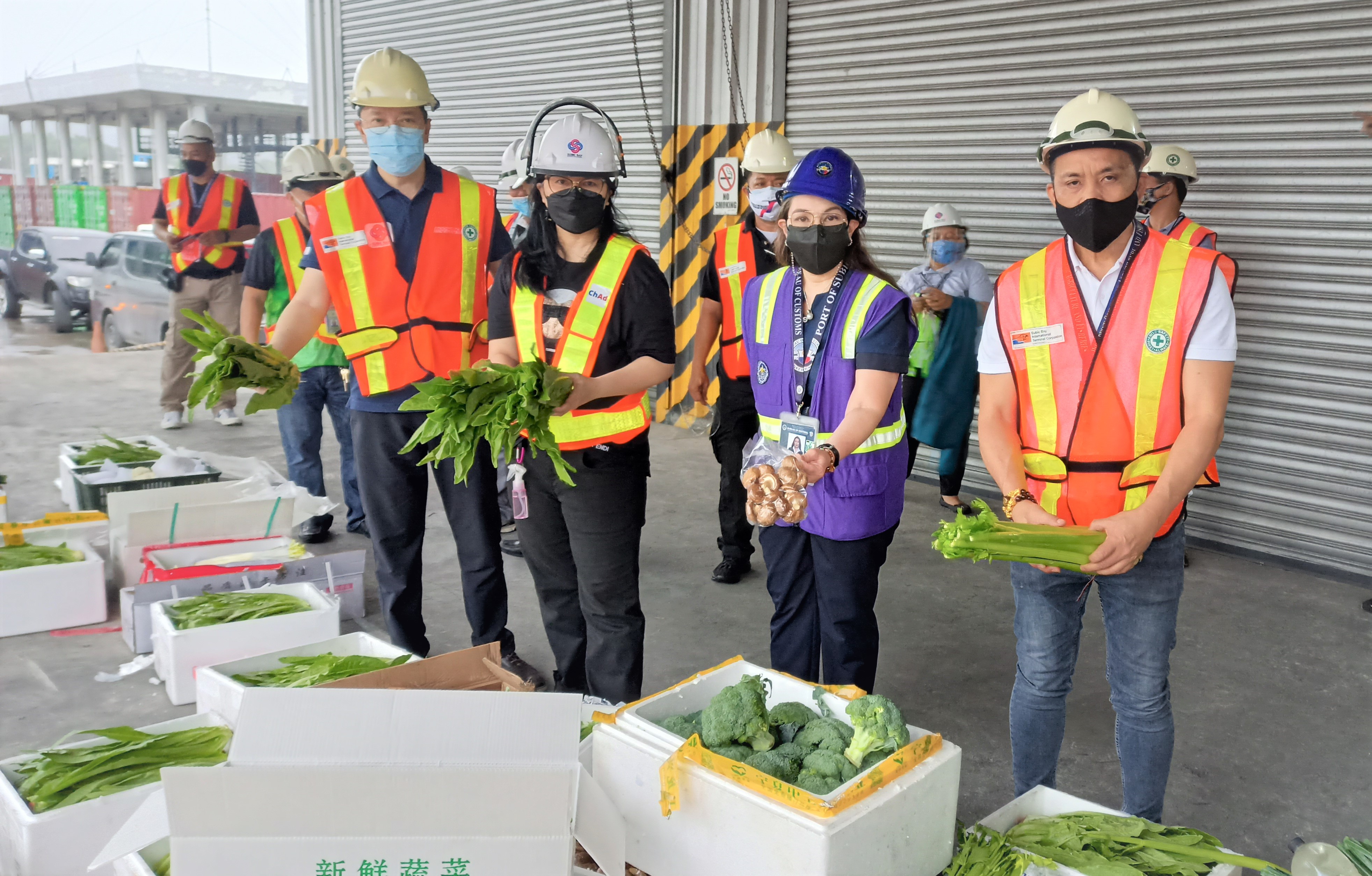 SEIZED: Authorities inspect fresh vegetables from China that were confiscated for violation of customs and agriculture laws. Left to right: SBMA Senior Deputy Administrator for Operations Ronnie Yambao, SBMA Chairman and Administrator Wilma T. Eisma, Subic BOC District Collector Marites Martin, and Agriculture Assistant Secretary for Economic Intelligence Federico Laciste Jr.