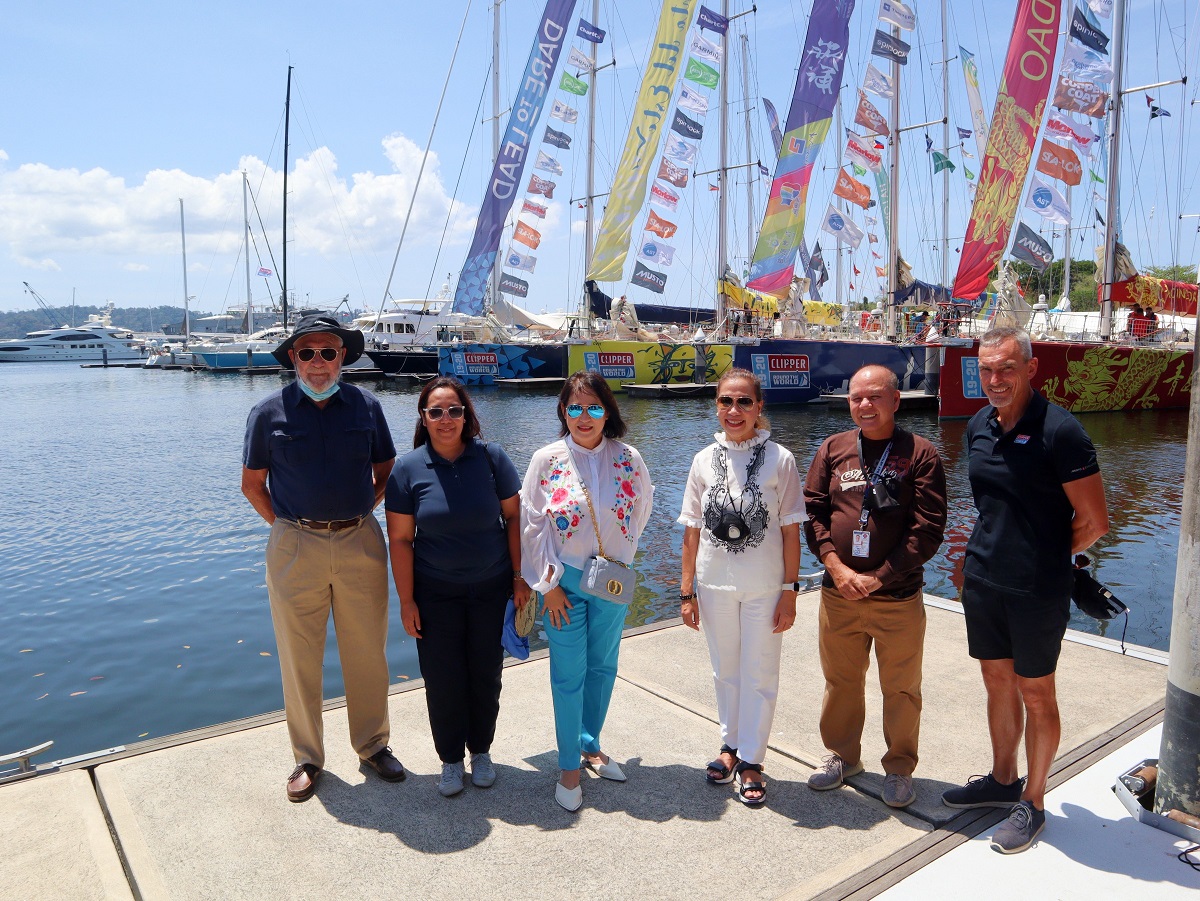 Sir Robin Knox-Johnston, chairman and co-founder of Clipper Ventures; Jem Camba, manager of SBMA Tourism; Carolina Uy, Director of DOT Region 3; Atty. Anthonette Velasco- Allones, COO of Tourism Promotions Board; Rolen Paulino, chairman of SBMA; and William Ward OBE, CEO and co-founder of Clipper Ventures, engage in a photo opportunity session before sending-off the yachts to restart the Clipper Race.