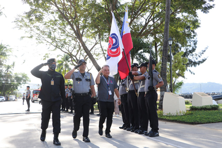 SBMA Law Enforcement Department Special Reaction Division Chief Maj. Rene Alinea leads Chairman and Administrator Rolen C. Paulino in trooping the line to commence the agency’s 30 th  anniversary celebration.