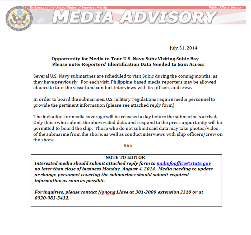 Media Advisory - US Navy Subs Tour