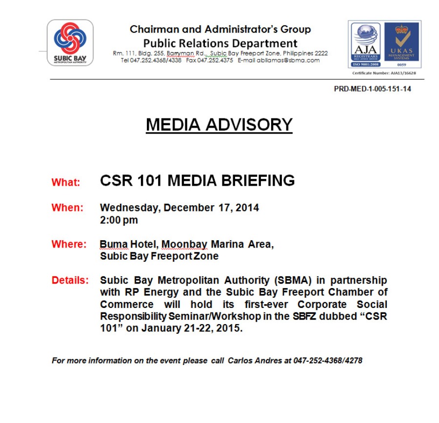 Media Advisory - CSR 101 Media Briefing