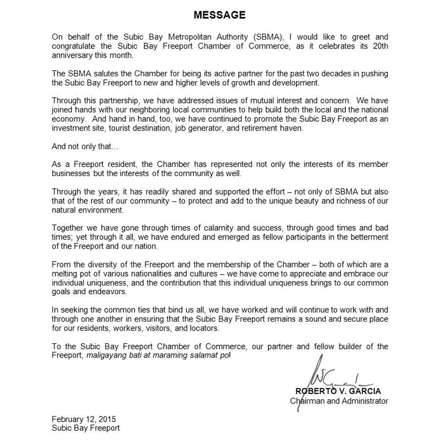 SBFCC 20th Anniversary Message from CRVG