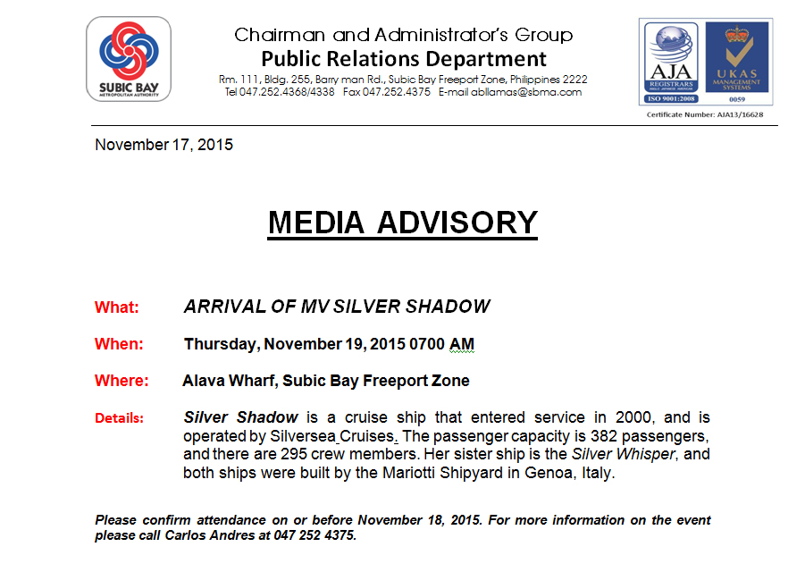 Arrival of MV Shadow Advisory