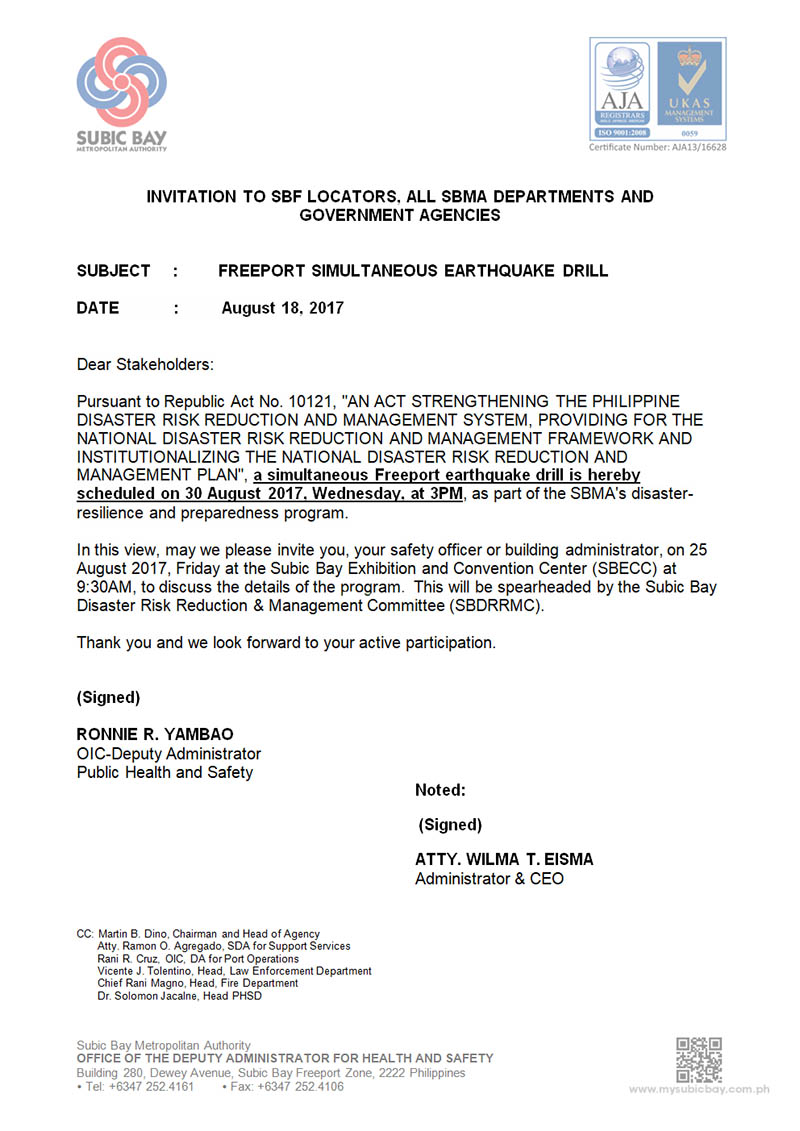Freeport Earthquake Drill Memo