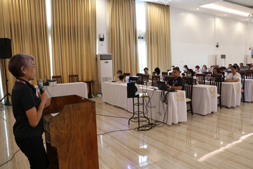 Subic Bay Metropolitan Authority (SBMA) Gender Focal Point System (GFPS) Executive Committee Head Amethya Dela Llana delivers a message during the launching of the Men Opposed to Violence Against Women (VAW) Everywhere (MOVE) campaign in Subic Bay Freeport.