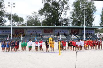 Beach volleyball players representing the 10 school-members participate in the opening ceremony to kick-off the Season 98 National Collegiate Athletic Association (NCAA).