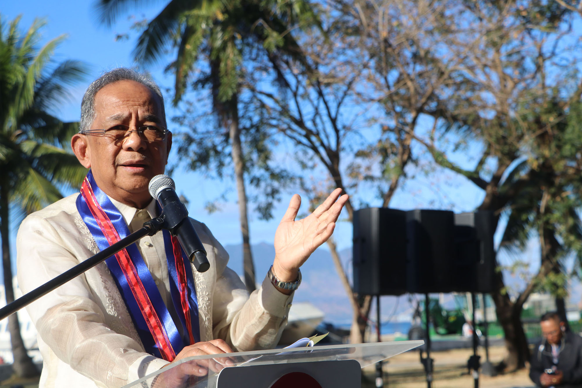 Newly installed Subic Bay Metropolitan Authority (SBMA) Chairman and Administrator Eduardo L. Aliño delivers his message during the ceremonial leadership turn-over held at the administration building grounds Monday, January 22, 2024.
