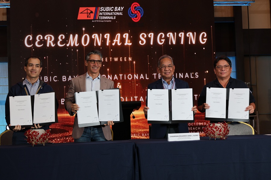 L to R: Subic Bay International Terminal Vice Chairman Juan Miguel Delgado, SBIT Chairman and President Christian Martin R. Gonzales, SBMA Chairman and Administrator Eduardo Jose L. Aliño and SBMA Director and Ports Committee Chair Honorio C Allado III present the signed agreement for the 25-year extension of the management of the New Container Terminal held Friday at the Acea Subic Beach Resort in Subic Bay Freeport.
