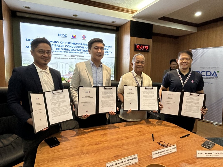 SBMA Chairman and Administrator Eduardo Jose L. Ali&ntilde;o (2 nd &nbsp;from right) and BCDA President/ CEO Joshua M. Bingcang (2 nd &nbsp;from left) together with witnesses SBMA Senior Deputy Administrator for Support Services Atty. Ramon O. Agregado and BCDA Senior Vice President for Conversion and Development Group Engr. Mark P. Torres show the Memorandum of Agreement (MOA) signed on June 3, 2026, for the use of an 800-sq.m. lot as part of the Luzon Economic Corridor (LEC) initiatives.